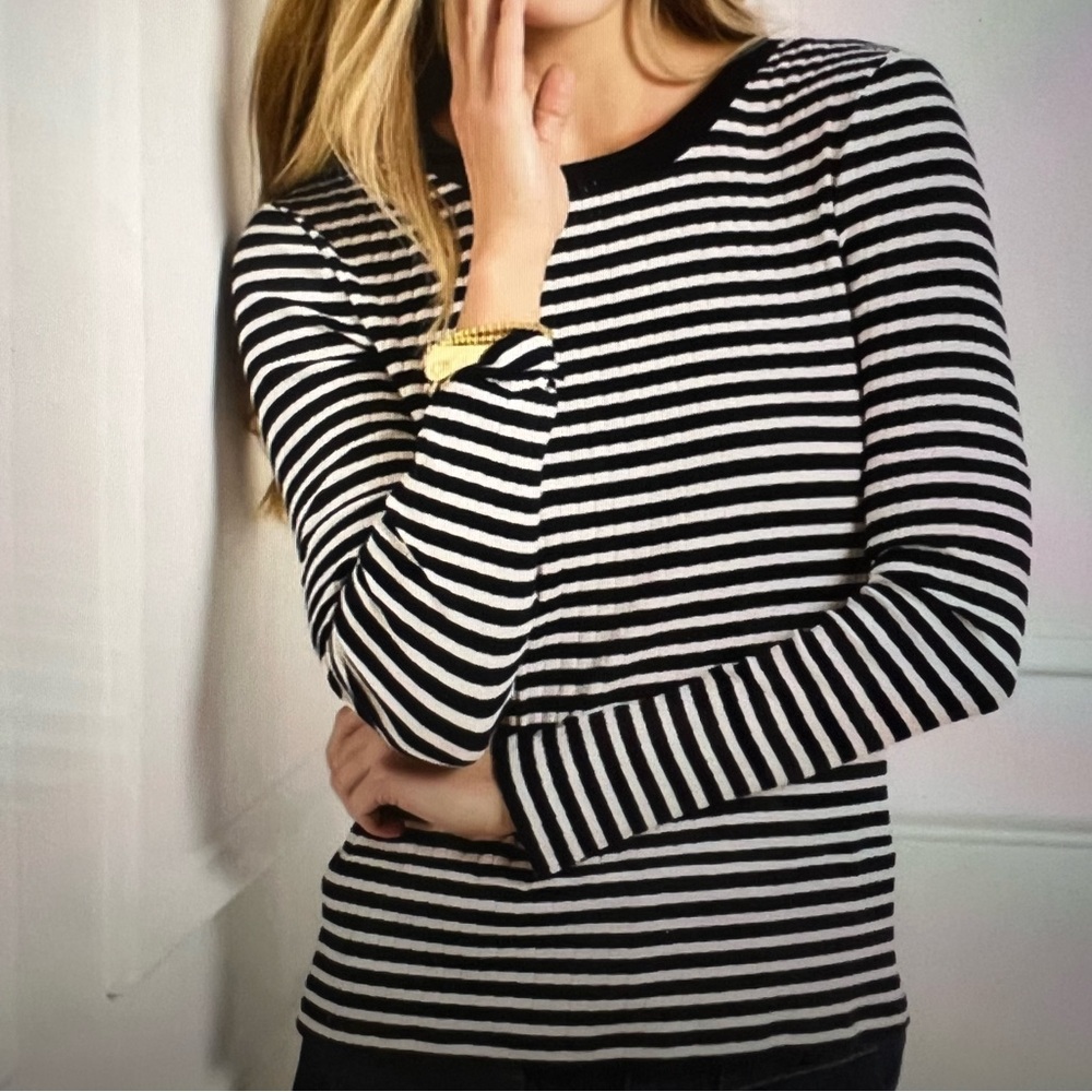 Talbots Ribbed Crewneck Tee Jasmine Stripe, Color Indigo/Ivory NWT Petite Large